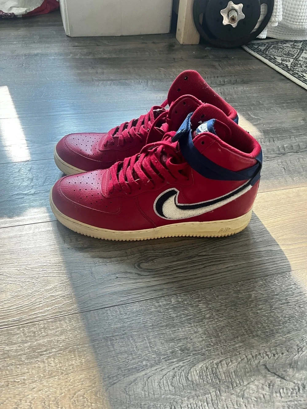 Nike Red High-Top Sneakers with White and Navy Swoosh